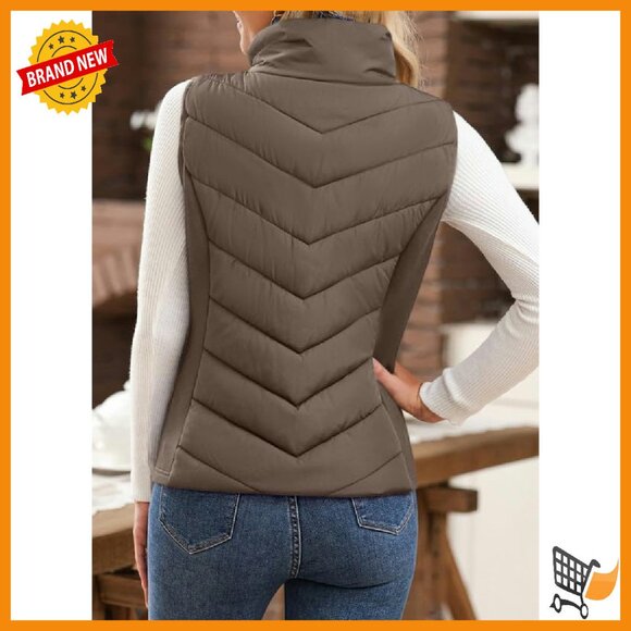 Women's Sleeveless Puffer Vest Quilted Zip Up Winter Outerwear with Pockets - Picture 3 of 8